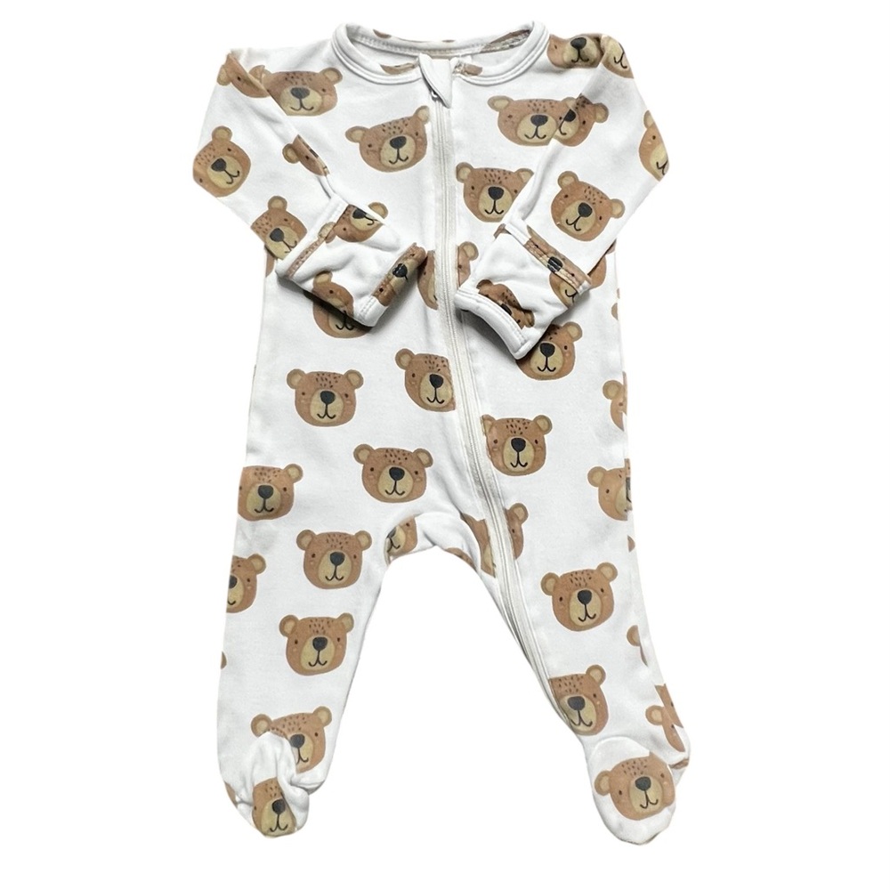 Baby Footed One-Piece in White with Brown Bear Print